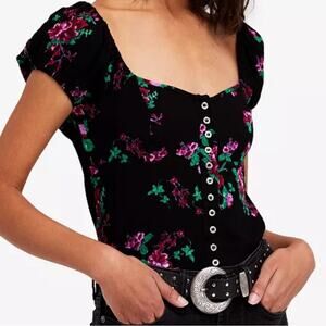 Free People Close To You Black Floral Print Milkmaid Blouse Women’s Size XS